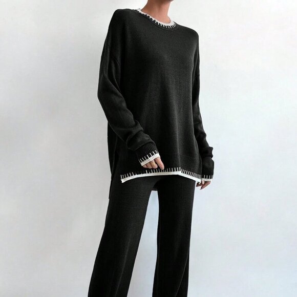 Multicolor Casual Women's Round Neck Drop Shoulder Sweater And Knitted Pants Set - Picture 4 of 6